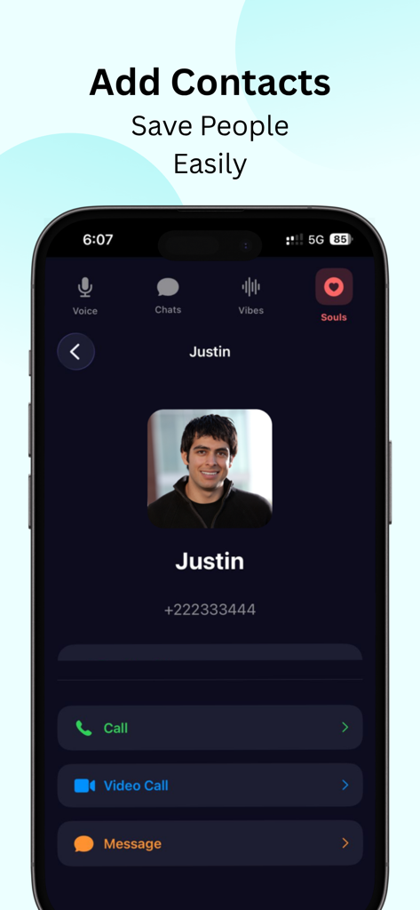 Chimi chat - Chimi Chat app screen showing a contact profile for Justin with buttons for call, video call, and message.