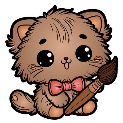 an adorable fluffy kitten holding a paintbrush