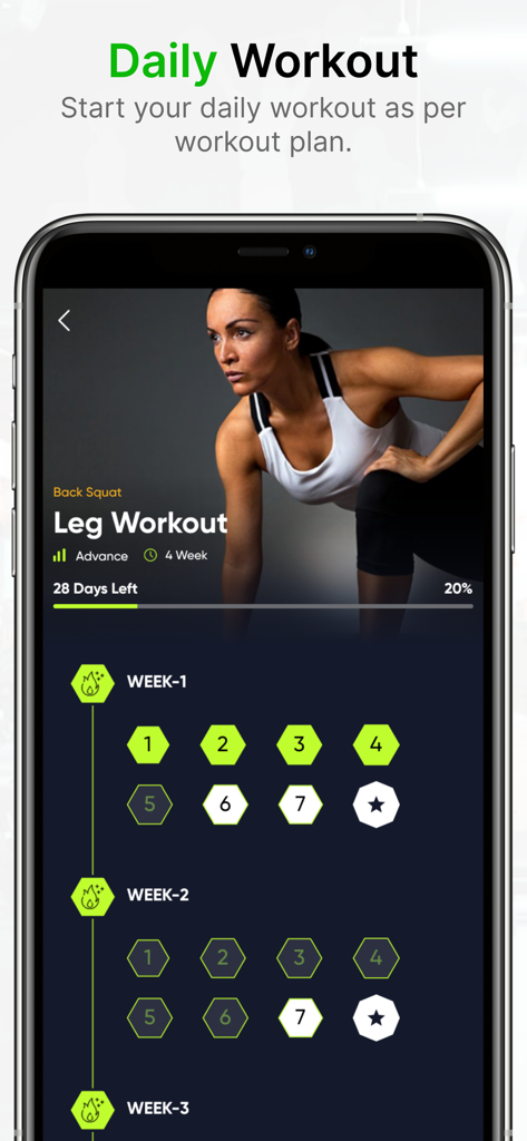 30 days Excercise challenge - Interfaz de aplicación móvil que muestra un desafío de entrenamiento de piernas de 28 días con un calendario de progreso diario e instrucciones de ejercicios.