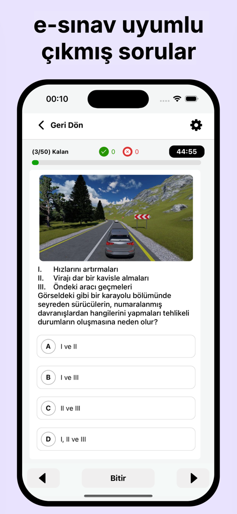 Turkish driving license exam mobile app quiz interface with a traffic scenario question