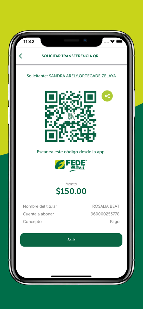 FEDE MÓVIL - Pantalla de la aplicación FEDE MÓVIL que muestra un código QR para una solicitud de transferencia de 150 dólares.