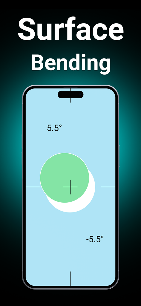 Smartphone screen displaying the Level Tool app measuring surface bending with a green level indicator and angle readings.