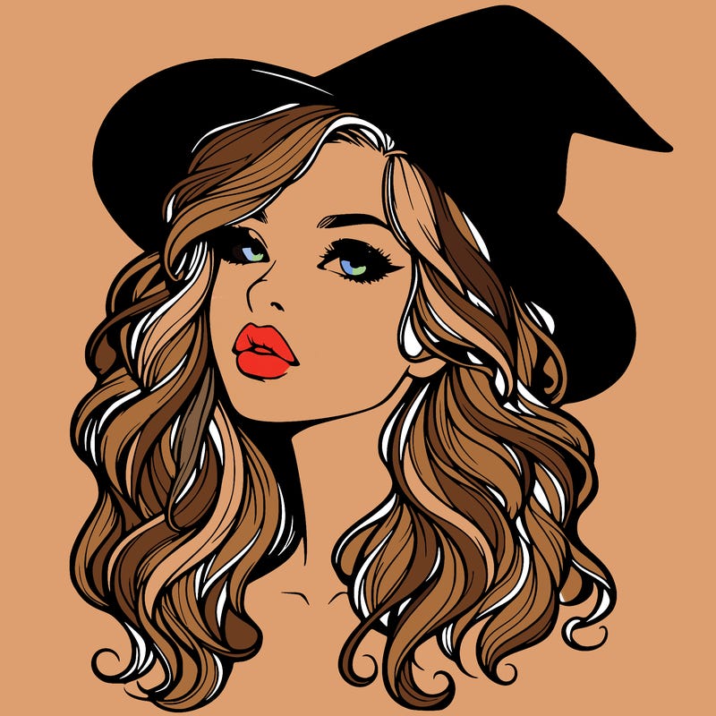realistic witch girl with wavy hair and lips