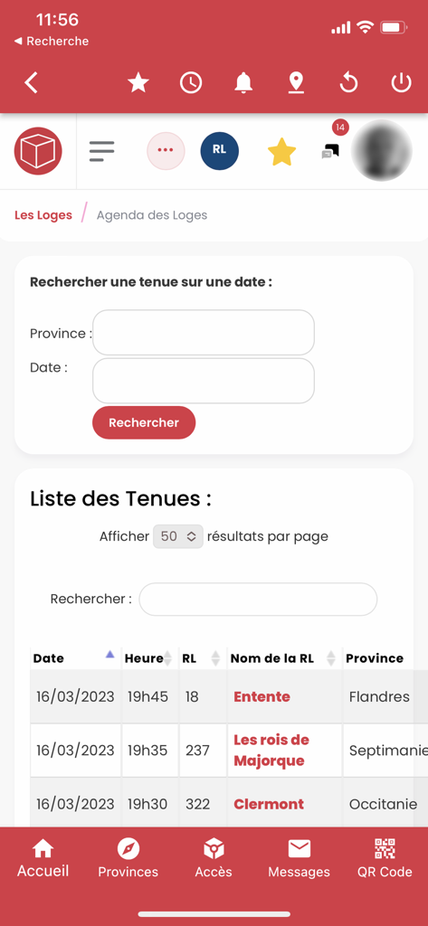 EgRegius - Liste consultable des prochaines réunions de loges maçonniques dans l'application EgRegius