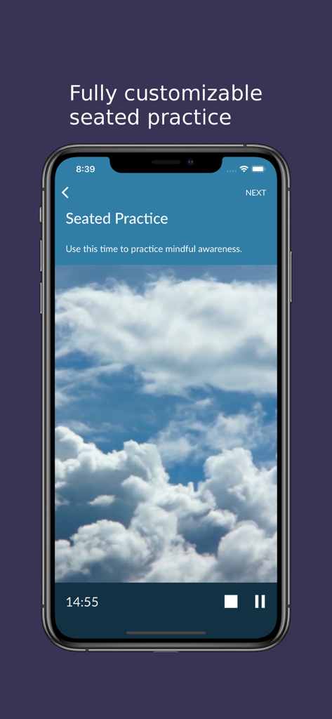 Pantalla de la aplicación Mindfulness Coach que muestra una sesión de meditación sentada cronometrada con una imagen del cielo.