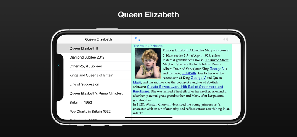 Queen Elizabeth II - Una captura de pantalla de la aplicación de referencia Reina Isabel II que muestra una página de biografía y un menú de navegación.