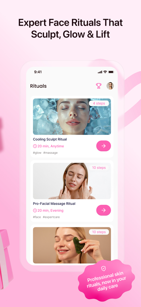 Solvi: Skincare Club - Interface of the Solvi app featuring expert face rituals for skin sculpting and glowing