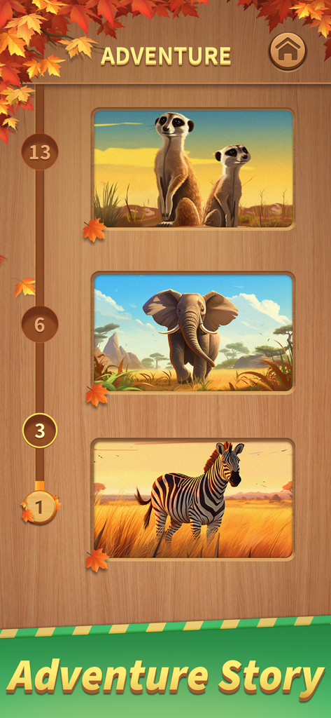 Abenteuer-Story-Modus in Block Puzzle - Blast mit tierthematischen Levels mit Erdmännchen, Elefanten und Zebras auf einem Holzhintergrund.