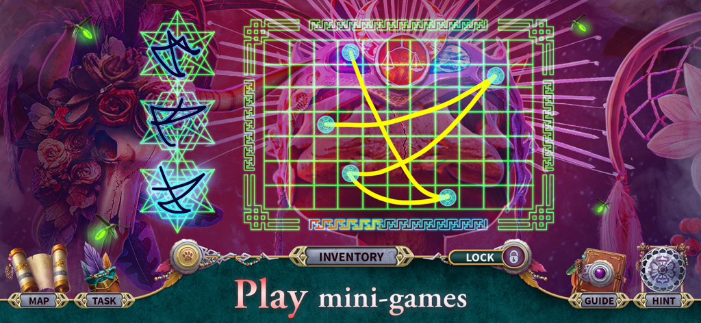 Knight Cats 3: Solve Mystery - A puzzle mini-game in Knight Cats 3 featuring glowing yellow lines on a green grid with a magical shamanic theme