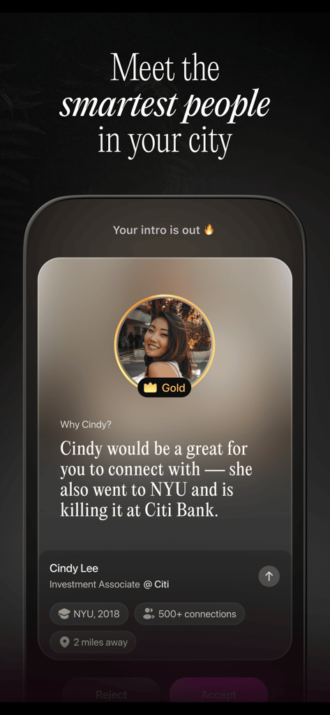 A smartphone screen showing a suggested professional connection on the Clockout app featuring a profile with career and education details