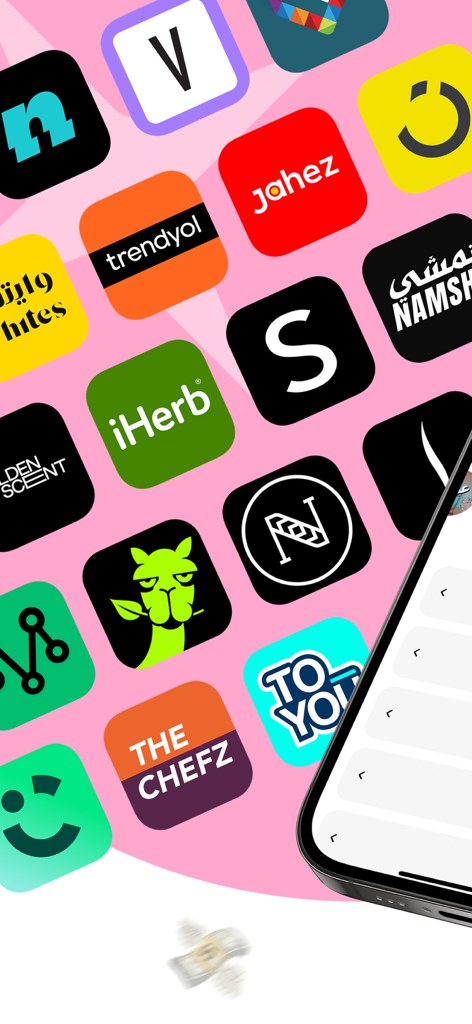 Ícones de aplicativos de compras e entrega suportados, incluindo iHerb e Namshi