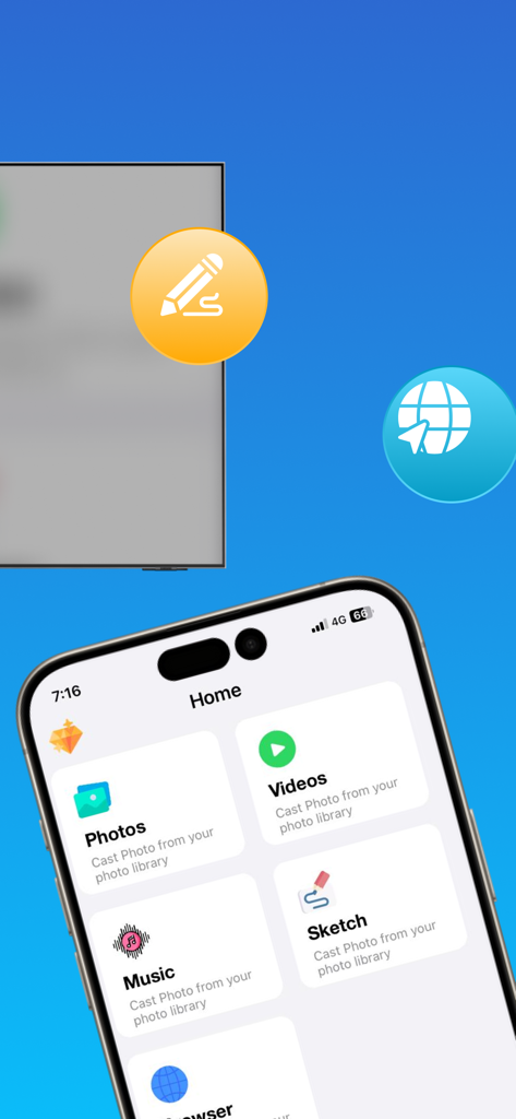 Screen Mirroring : Miracast™ - La pantalla de inicio de la aplicación Screen Mirroring Miracast en un iPhone que muestra opciones para transmitir fotos, videos, música y bocetos a un televisor