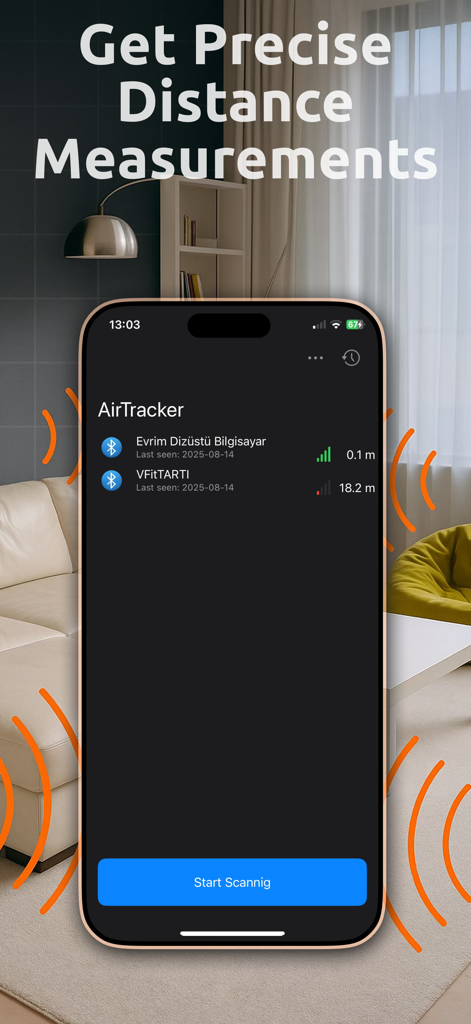Device Detector - Spy Finder - Interfaz de aplicación móvil que muestra una lista de dispositivos Bluetooth detectados con mediciones de distancia precisas en metros