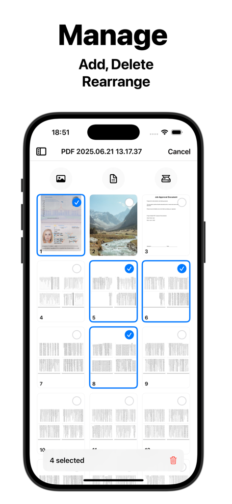 Image to PDF - Scan & Edit App - Interface do aplicativo Compositor de PDF para gerenciar, adicionar e excluir páginas de documentos