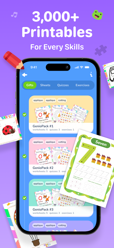 Interfaz de la aplicación GenioKid que muestra una variedad de hojas de trabajo imprimibles para habilidades preescolares como contar y trazar