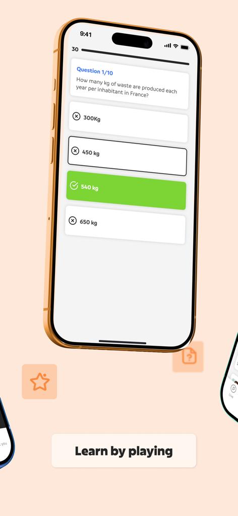 OuiLive - Pantalla de smartphone que muestra un cuestionario educativo interactivo en la aplicación OuiLive con una respuesta correcta resaltada en verde.