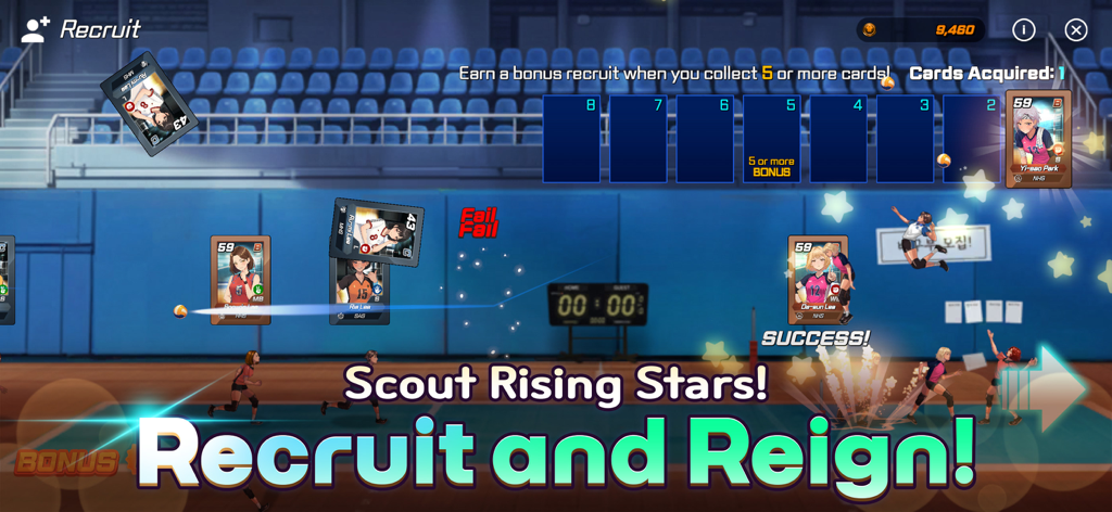 Volley Girls:High School Story - Scouting screen in Volley Girls High School Story showing player card recruitment and collection mechanics