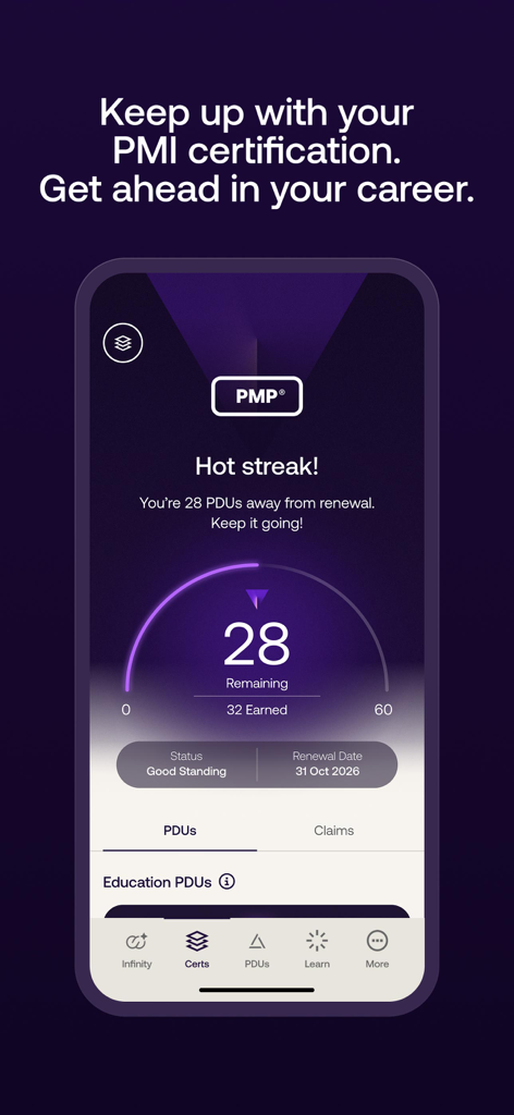 Panel de la app PMI Official mostrando el estado de renovación de la certificación PMP y el progreso de PDU