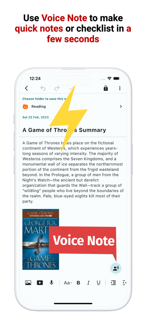 Note, Voice Notes, Todo Widget - Interfaz de aplicación móvil que muestra una nota de voz utilizada para grabar un resumen de Juego de Tronos con una transcripción de texto.