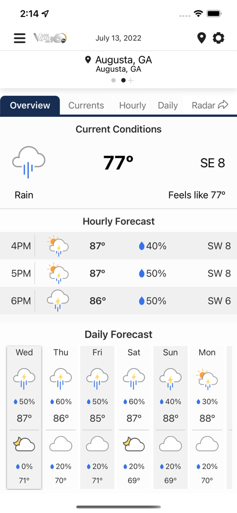 WJBF Vipir 6 Radar - WJBF Vipir 6 weather app interface showing current conditions and a weekly forecast for Augusta Georgia