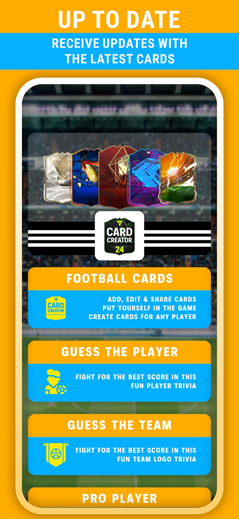 FC Card Creator 24 FUT - Main menu of FC Card Creator 24 FUT app featuring football card creation and trivia modes