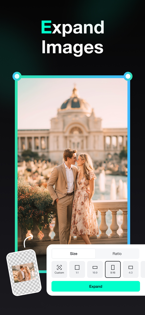 insMind: AI Photo Video Studio - insMind AI image expander tool resizing a portrait photo to a 9:16 social media ratio