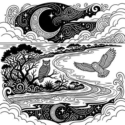Journey into a serene nightscape with this exquisite coloring page featuring barrier islands under a starry sky. Discover intricate details, from majestic owls to a mystical crescent moon, perfect for a relaxing creative escape.