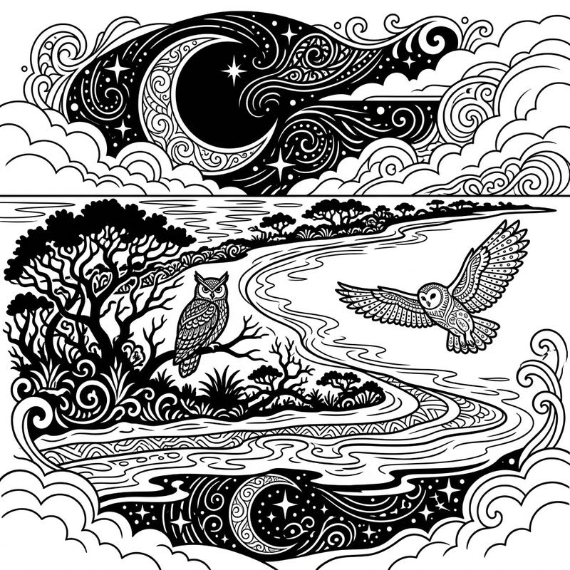 Journey into a serene nightscape with this exquisite coloring page featuring barrier islands under a starry sky. Discover intricate details, from majestic owls to a mystical crescent moon, perfect for a relaxing creative escape.