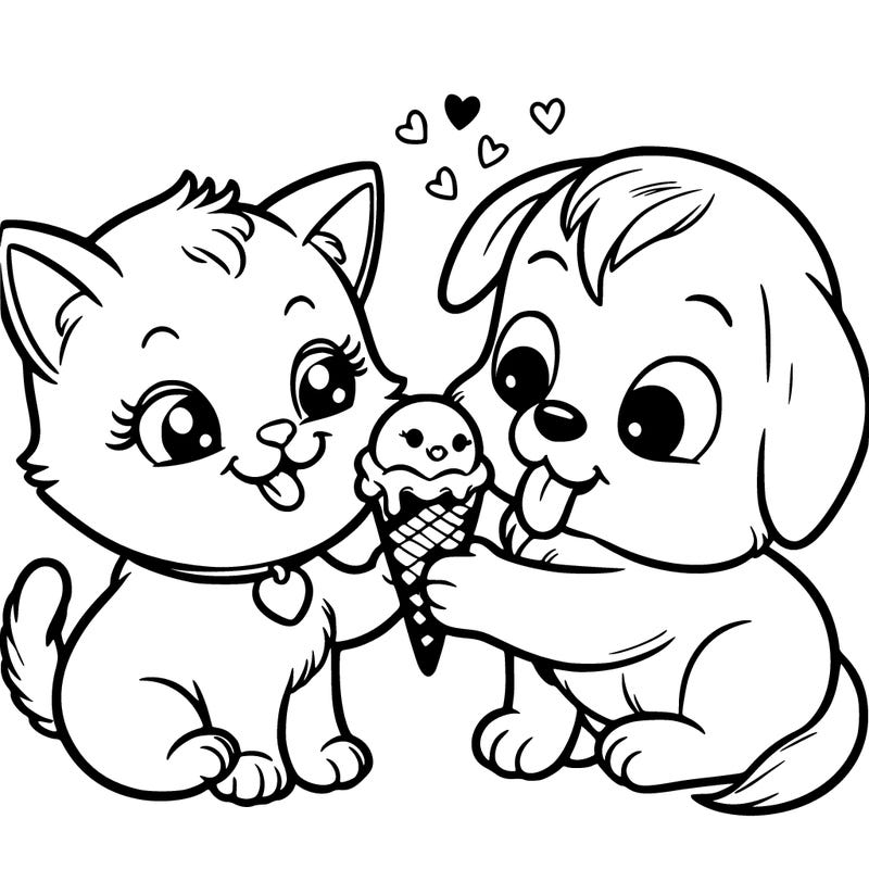 a kitty and a puppy sharing an ice cream