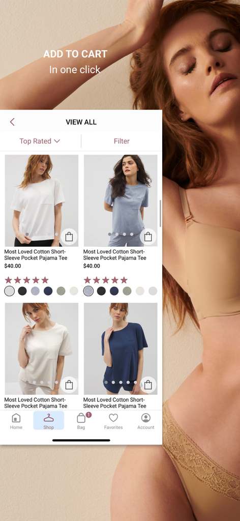 Interface de aplicativo móvel da Soma Intimates mostrando uma coleção de camisetas de pijama de algodão com preços e avaliações