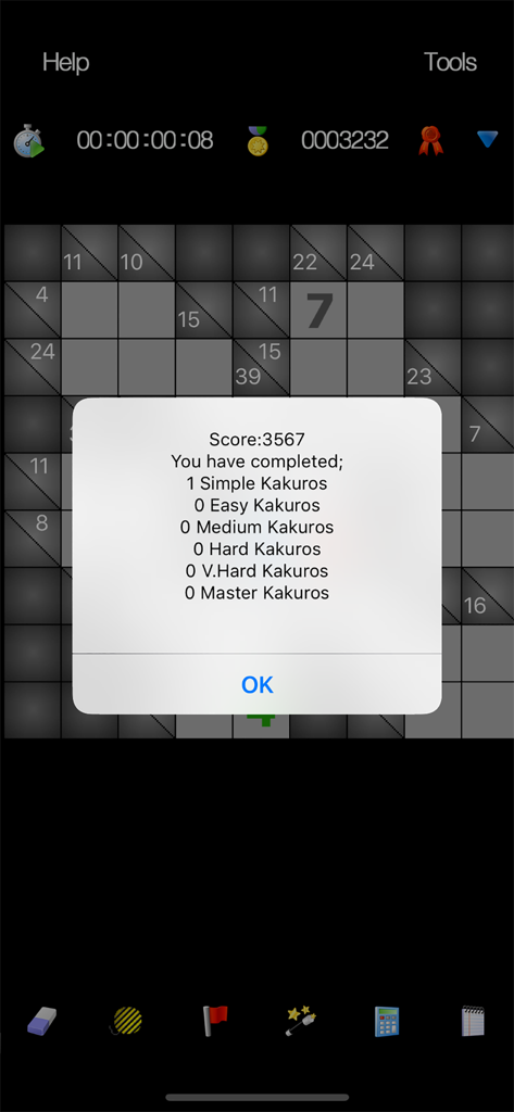 A screenshot of the Kakuro u app showing a game completion pop-up with scores and statistics for different difficulty levels.