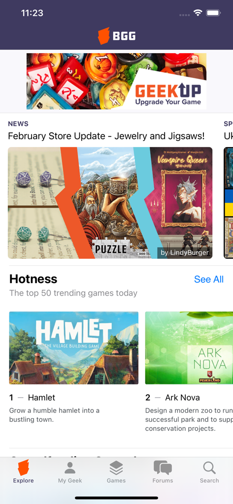 BoardGameGeek - La scheda esplora dell'app BoardGameGeek che mostra i giochi da tavolo di tendenza e le ultime notizie