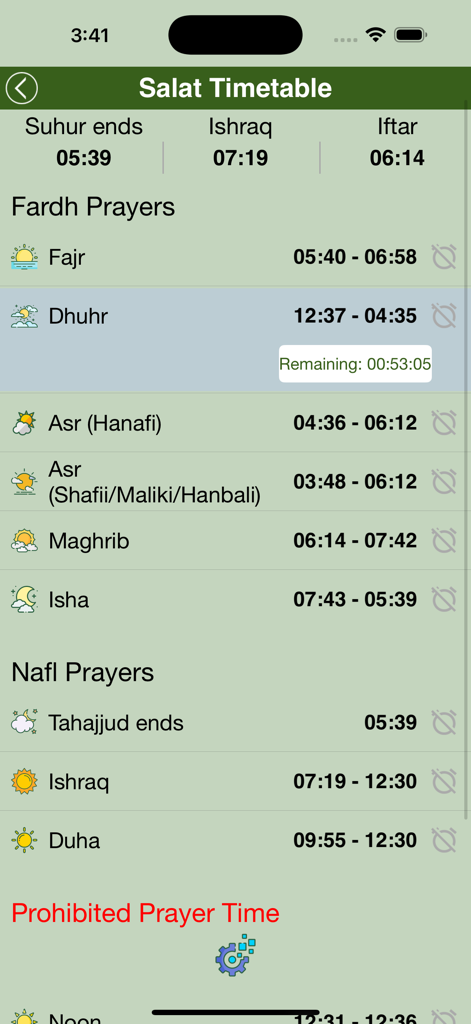 Salat timetable screen showing daily prayer times for Fardh and Nafl prayers