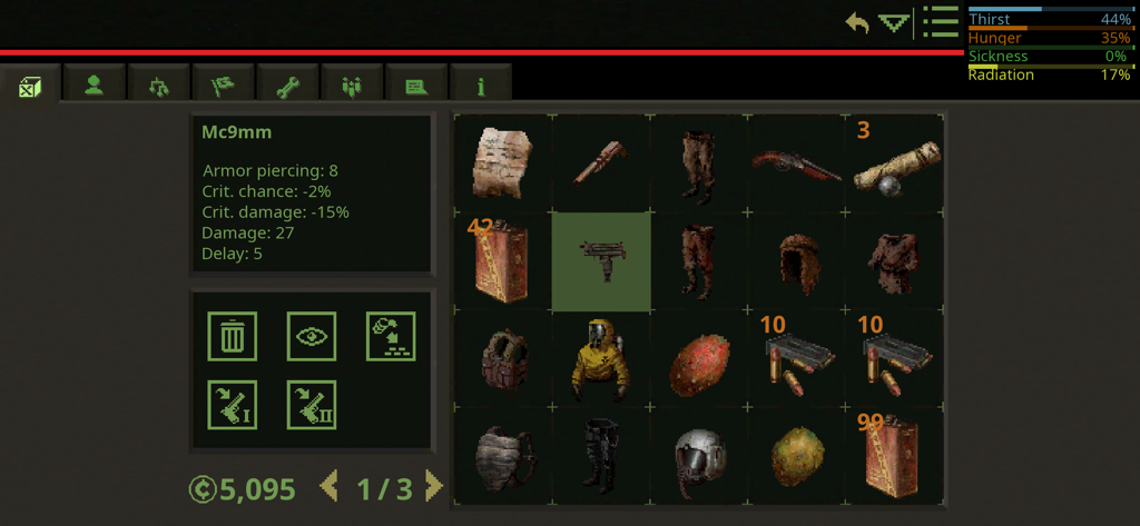 Omega Vanitas - Pantalla de inventario del juego de Omega Vanitas que muestra armas de arte de píxeles, armaduras y estadísticas de supervivencia