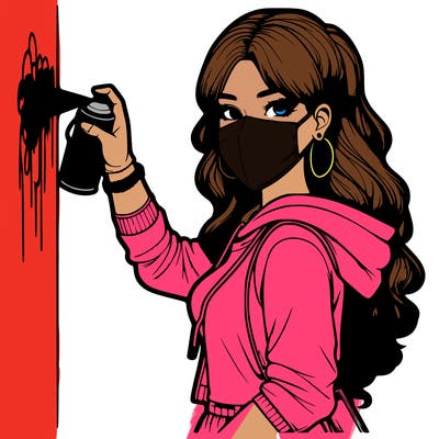 realistic girl with mask spray painting a wall