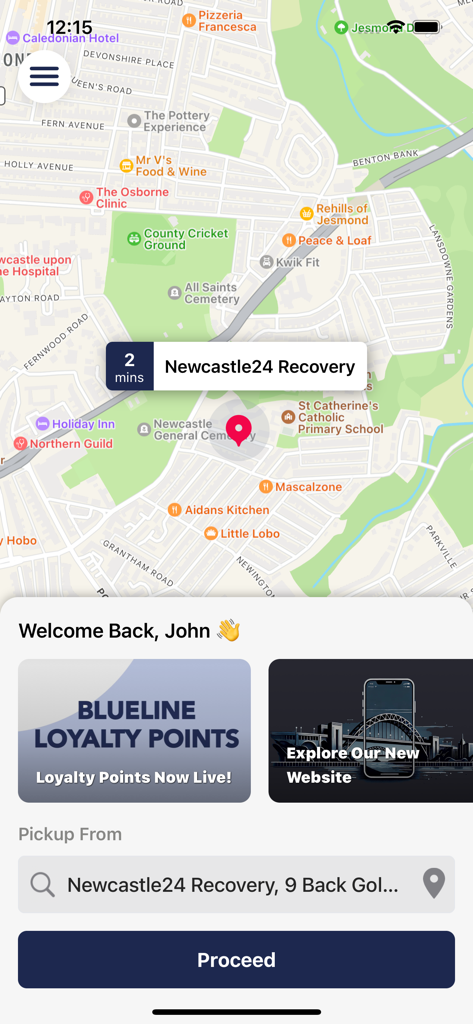 Blueline Taxis - Blueline Taxis app interface showing a map of Newcastle with a pickup location selected and a proceed button