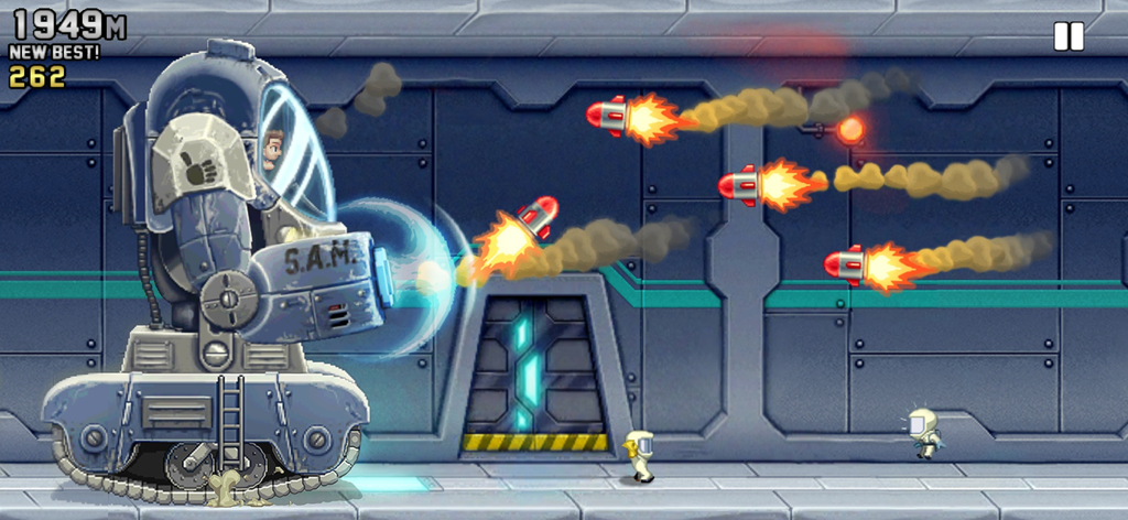 Gameplay di Jetpack Joyride che mostra Barry Steakfries nel mech SAM che devia i missili