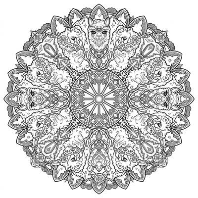 Embark on a captivating coloring adventure with this unique Gothic Alpaca Mandala, where fluffy alpacas meet dark Victorian aesthetics. This intricate circular design offers a deeply engaging experience for those who appreciate detailed artistry.
