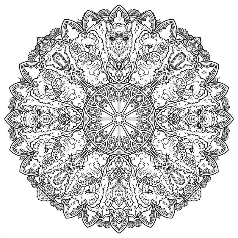 Embark on a captivating coloring adventure with this unique Gothic Alpaca Mandala, where fluffy alpacas meet dark Victorian aesthetics. This intricate circular design offers a deeply engaging experience for those who appreciate detailed artistry.