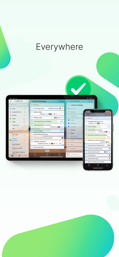 Zenkit To Do app interface displayed on an iPad and iPhone showing task synchronization across multiple devices.
