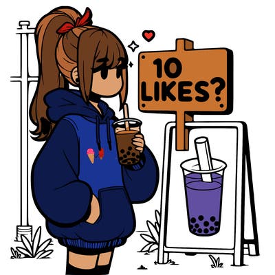 girl with oversized hoodie drinking boba and she has a high ponytail with a sign that says 10likes?