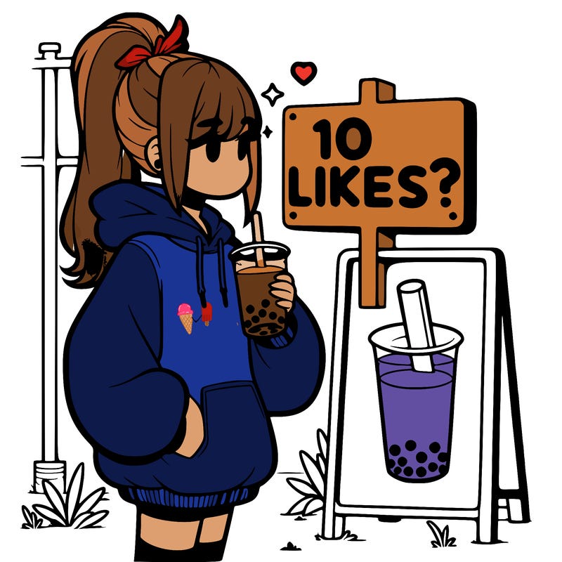 girl with oversized hoodie drinking boba and she has a high ponytail with a sign that says 10likes?