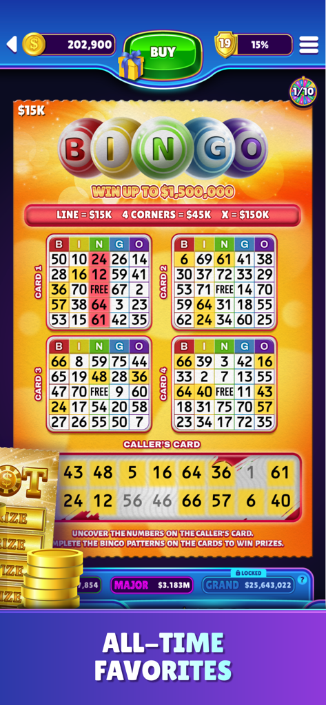 Bingo themed scratch off ticket interface with four bingo cards and a caller card
