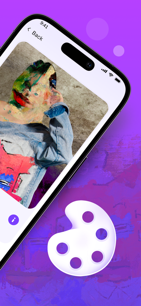 Palit - Artwork Showcase - An iPhone screen displaying a vibrant painted portrait within the Palit artwork showcase mobile application