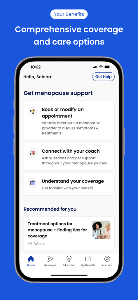 Progyny - Progyny mobile app screen displaying menopause support options including appointment booking and health coaching.