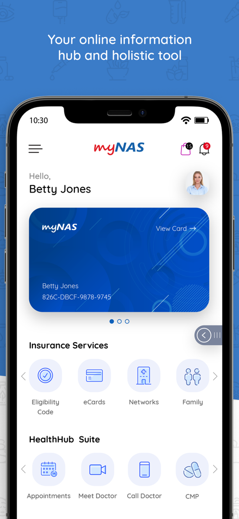 Dashboard of the myNAS app showing a digital insurance card and health services icons.