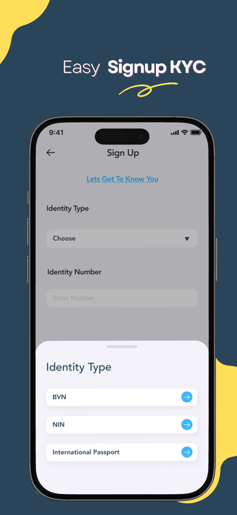CashMobile app signup screen for identity verification showing KYC options like BVN and NIN