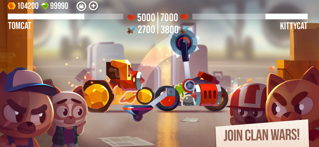 Dos máquinas de batalla personalizadas luchando en una arena PvP en el juego móvil CATS Crash Arena Turbo Stars.