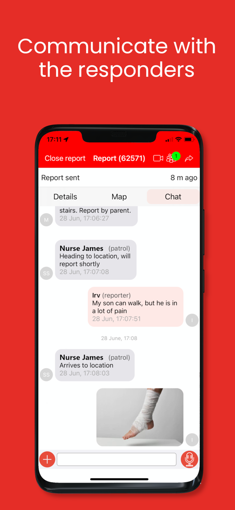 SayVU Personal & Public Safety - SayVU app chat interface showing real-time communication between a reporter and emergency responders during an incident