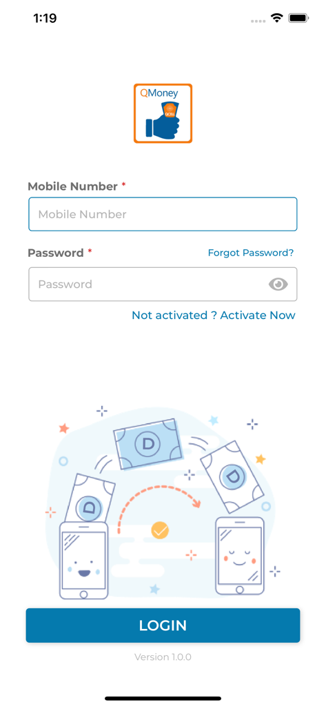 QMoney - Customer - QMoney app login screen with mobile number and password input fields